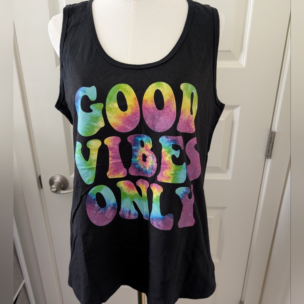 Graphic Tank Top Good Vibes Only Black with Rainbow Tie Dye Size XL NWT - Picture 2 of 10